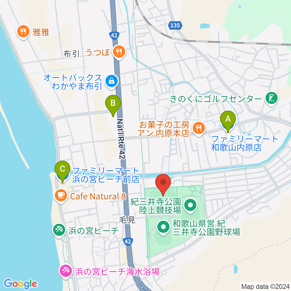 紀三井寺公園球技場・補助競技場周辺のコンビニエンスストア一覧地図