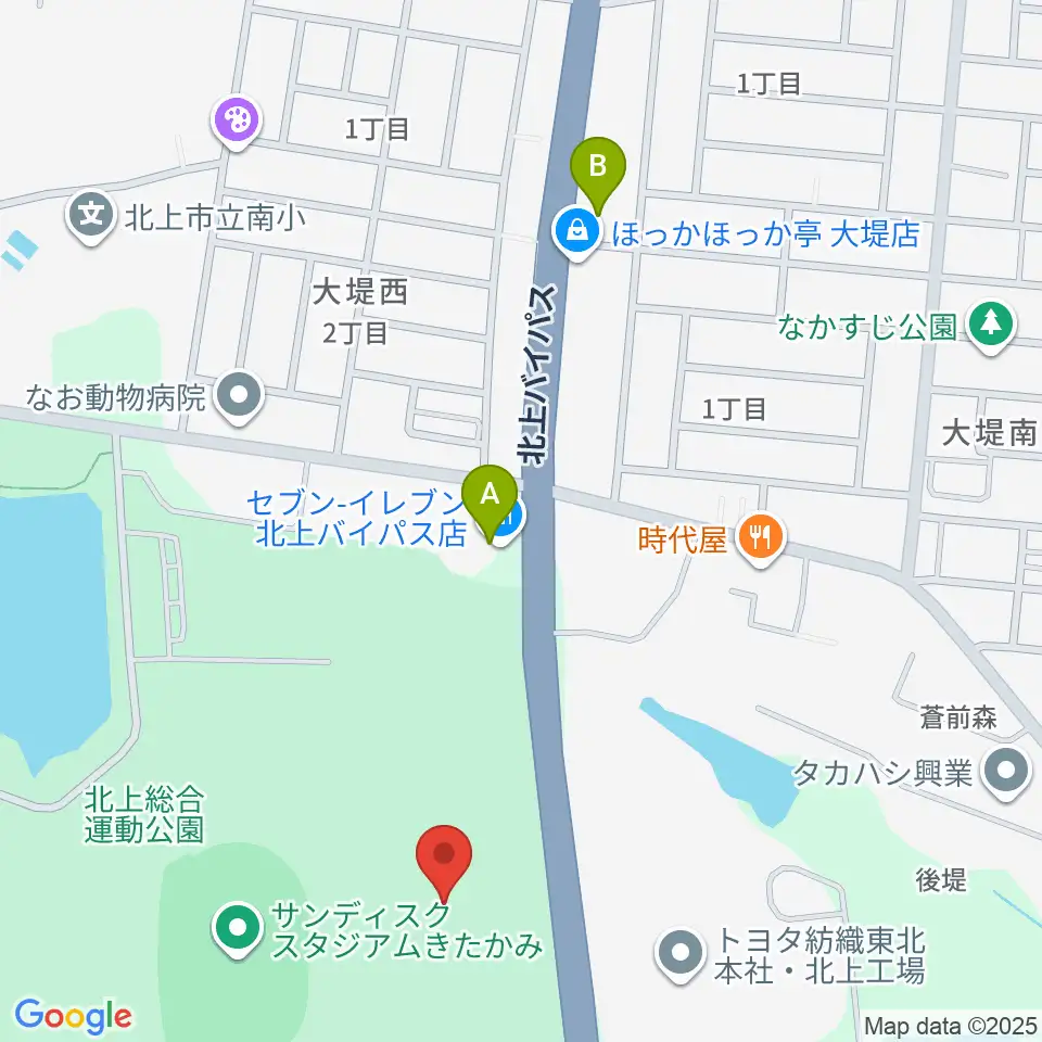 北上陸上補助競技場周辺のコンビニエンスストア一覧地図