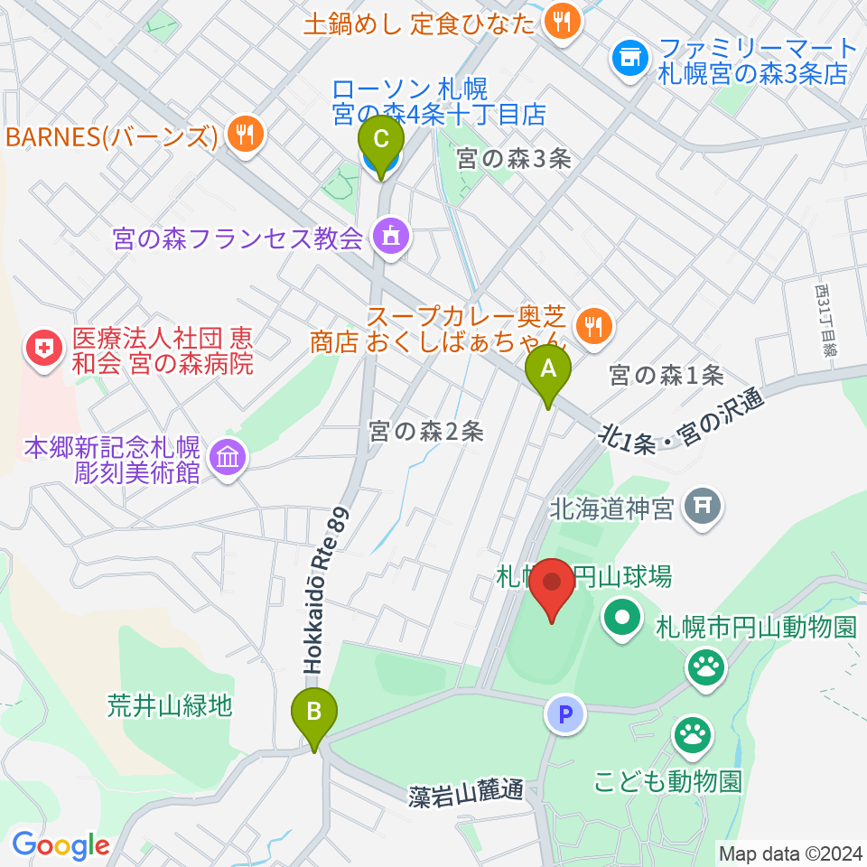 札幌市円山競技場周辺のコンビニエンスストア一覧地図