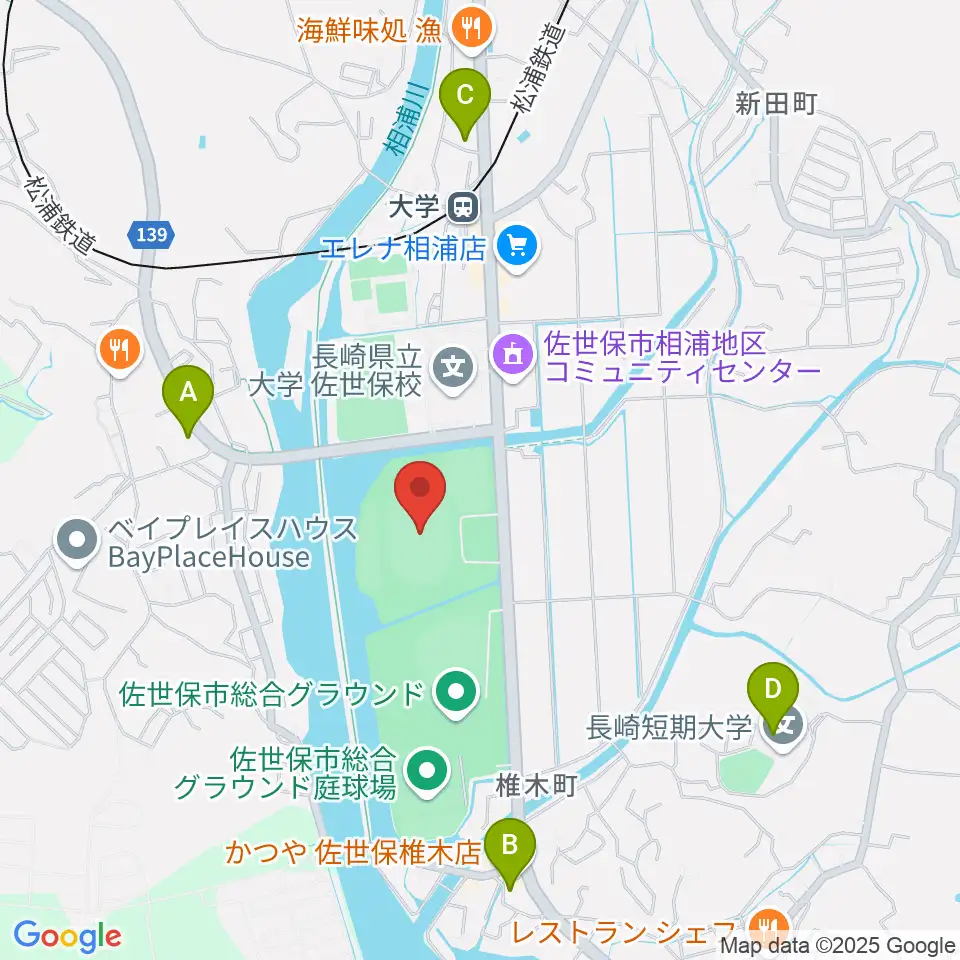 佐世保市総合グラウンド陸上競技場周辺のコンビニエンスストア一覧地図