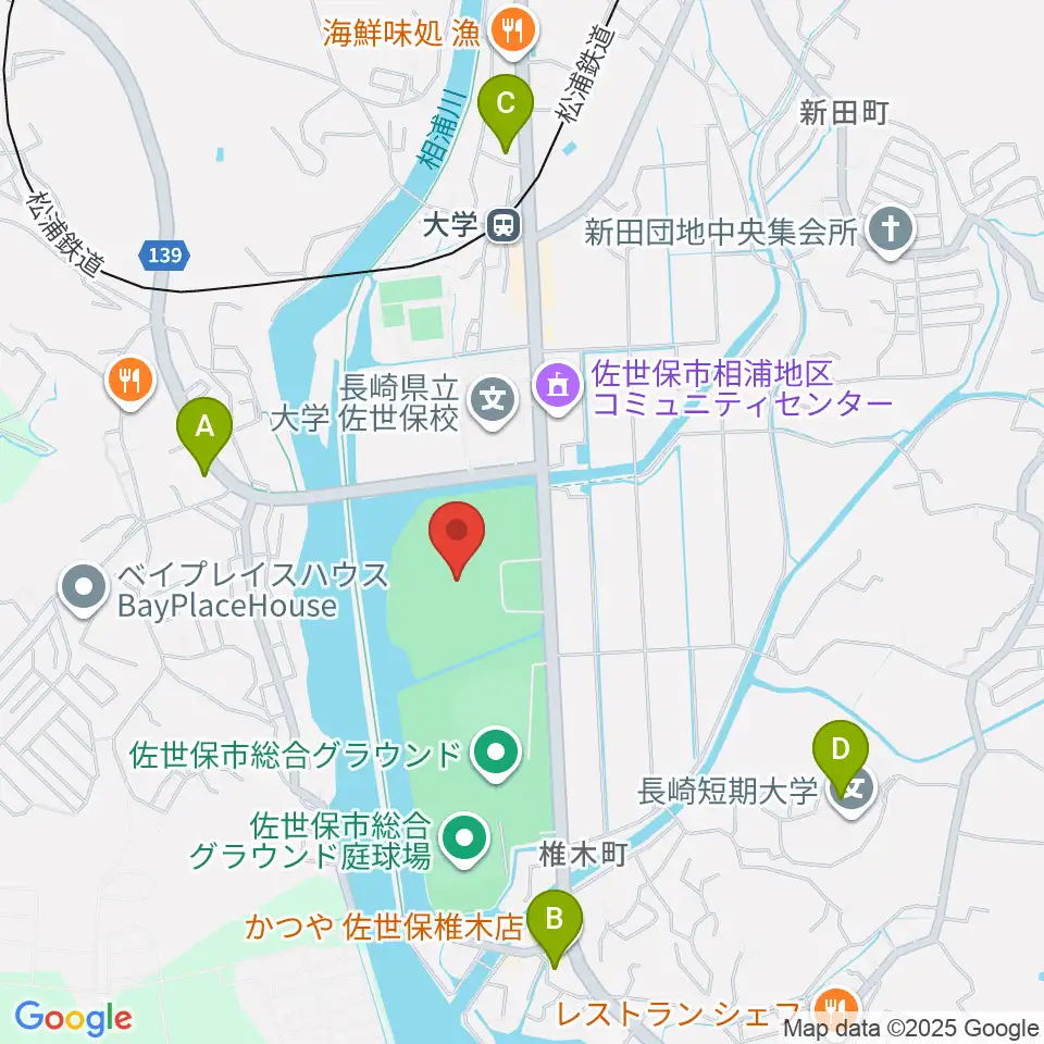 佐世保市総合グラウンド陸上競技場周辺のコンビニエンスストア一覧地図