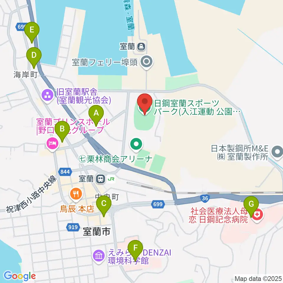 日鋼室蘭スポーツパーク周辺のコンビニエンスストア一覧地図