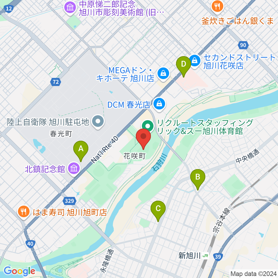 旭川市花咲スポーツ公園陸上競技場周辺のコンビニエンスストア一覧地図