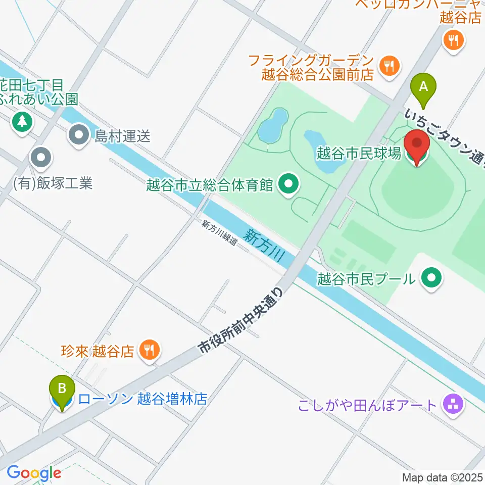 越谷市民球場周辺のコンビニエンスストア一覧地図