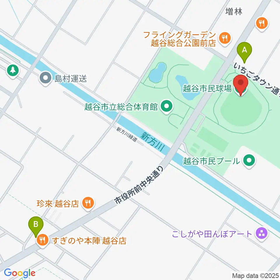 越谷市民球場周辺のコンビニエンスストア一覧地図