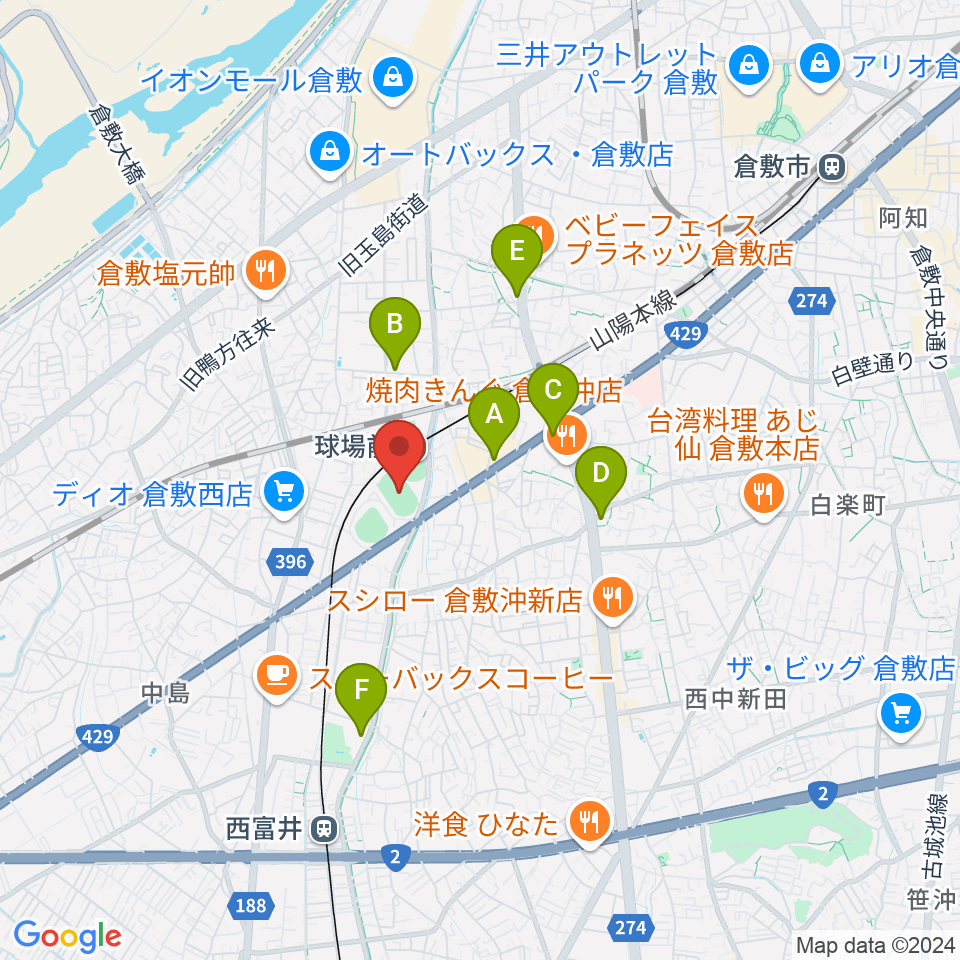 倉敷運動公園陸上競技場周辺のコンビニエンスストア一覧地図