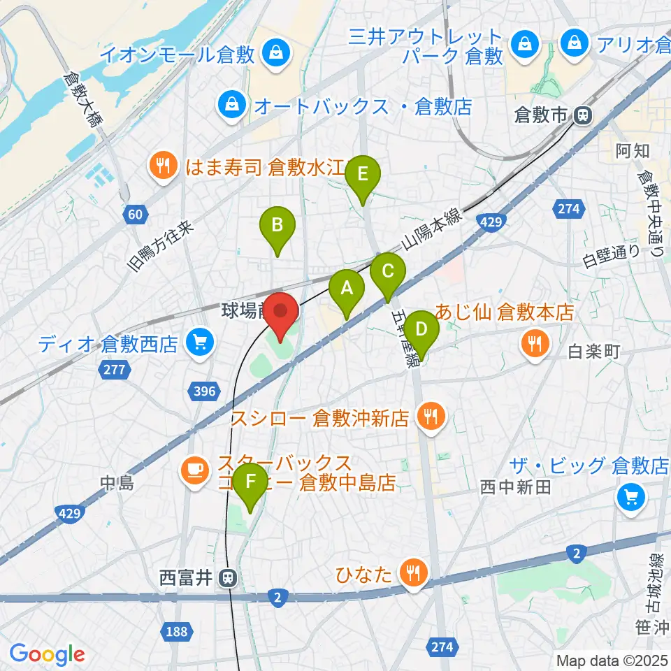 倉敷運動公園陸上競技場周辺のコンビニエンスストア一覧地図