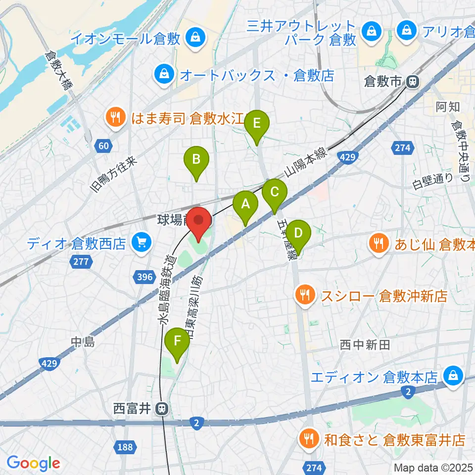 倉敷運動公園陸上競技場周辺のコンビニエンスストア一覧地図