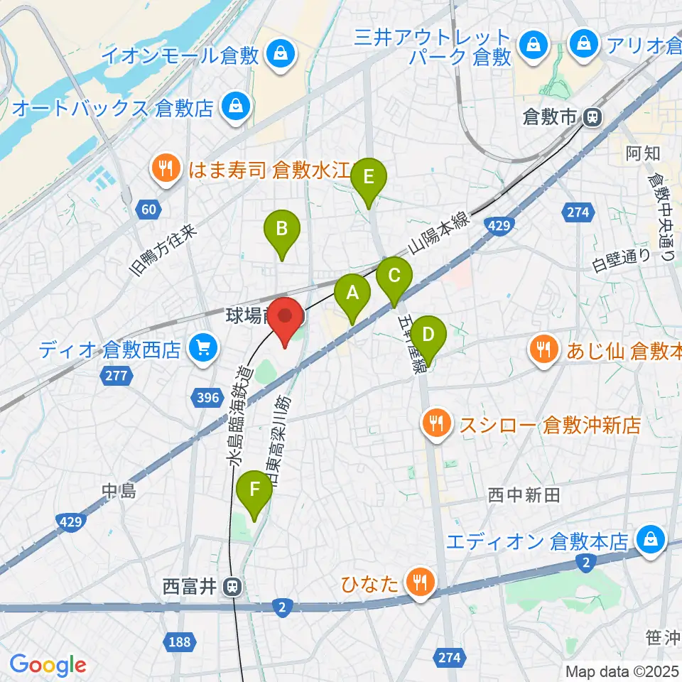 倉敷運動公園陸上競技場周辺のコンビニエンスストア一覧地図