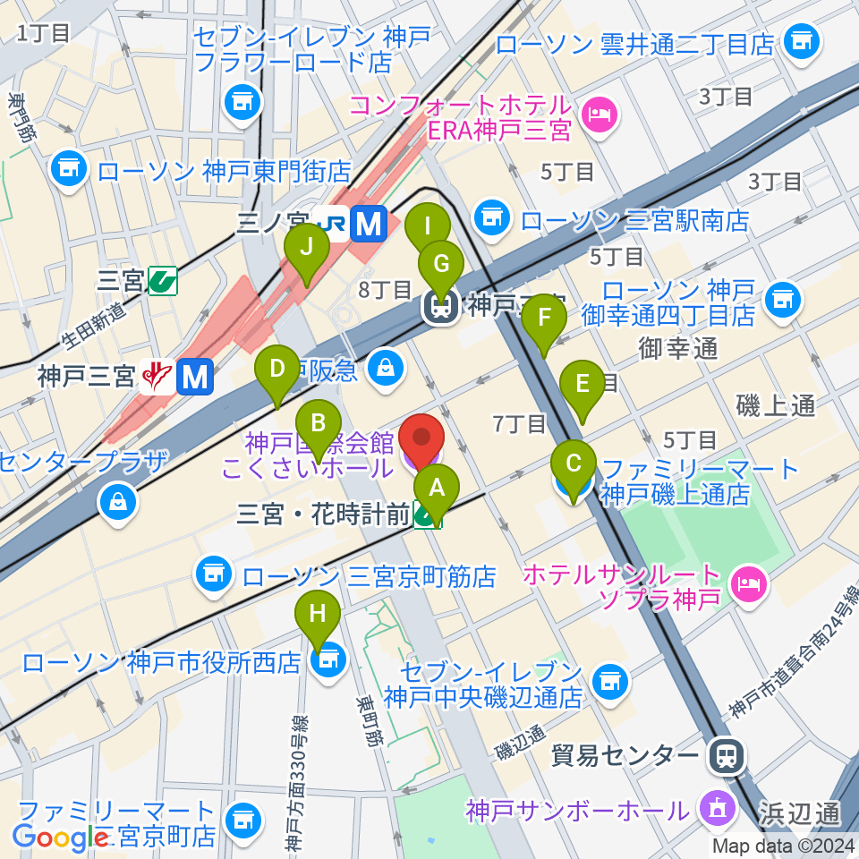 キノシネマ神戸国際周辺のコンビニエンスストア一覧地図