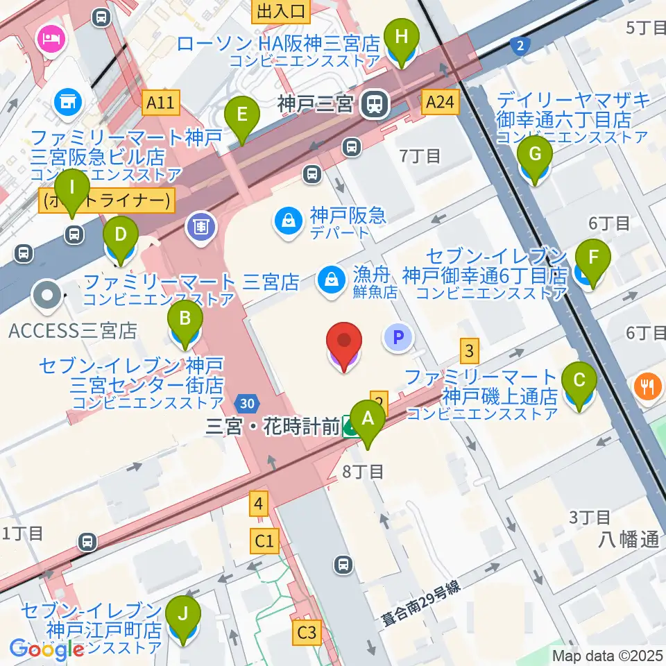 キノシネマ神戸国際周辺のコンビニエンスストア一覧地図