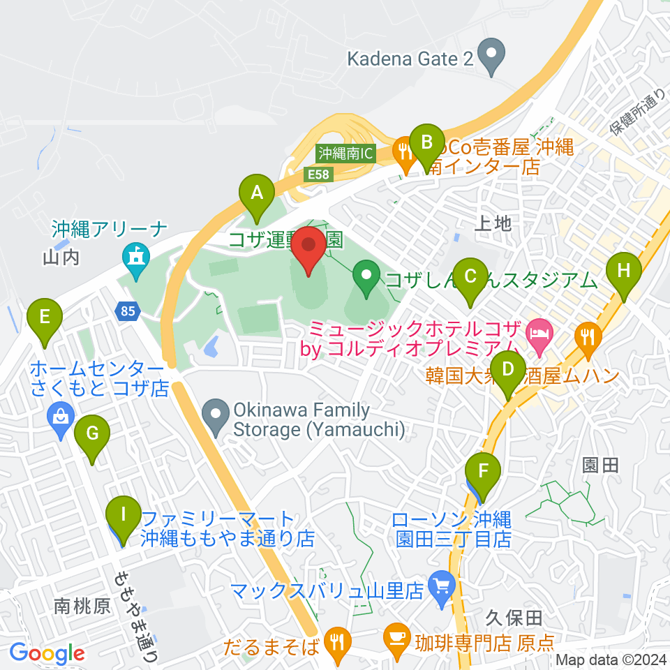 沖縄市陸上競技場周辺のコンビニエンスストア一覧地図