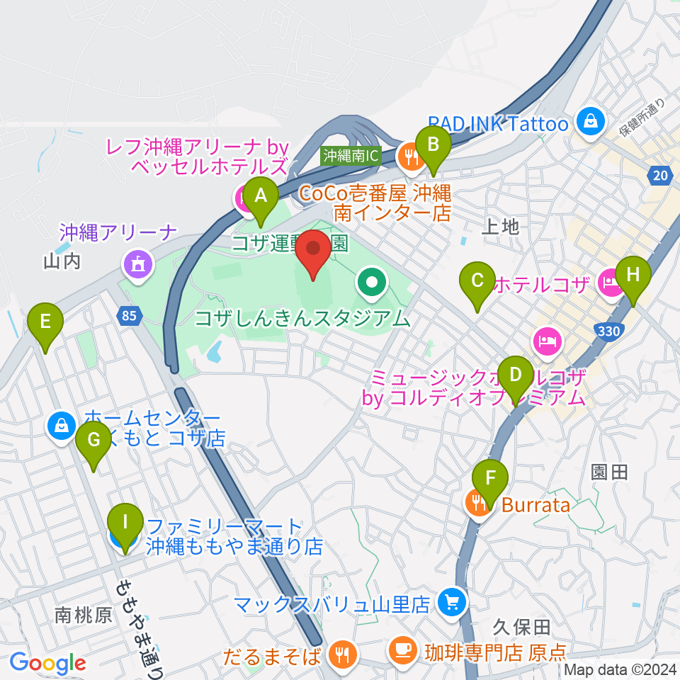 沖縄市陸上競技場周辺のコンビニエンスストア一覧地図