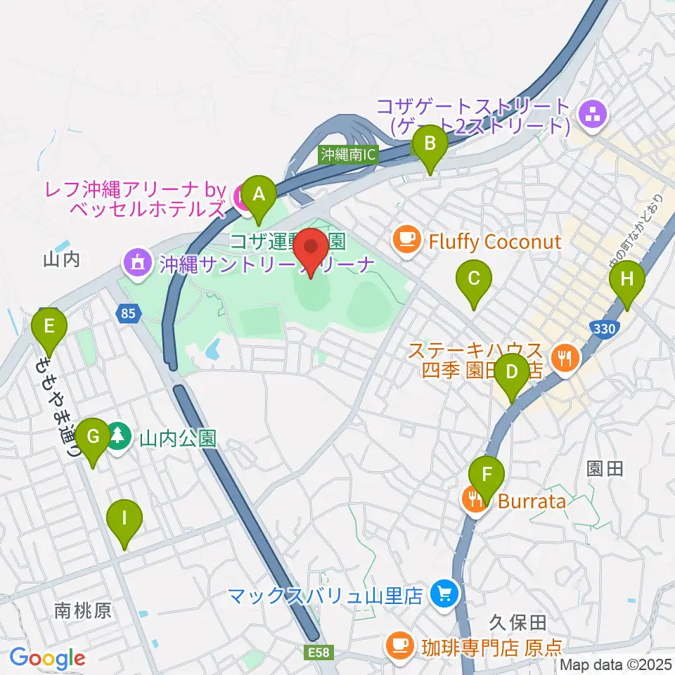 沖縄市陸上競技場周辺のコンビニエンスストア一覧地図