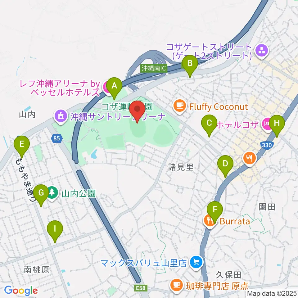 沖縄市陸上競技場周辺のコンビニエンスストア一覧地図