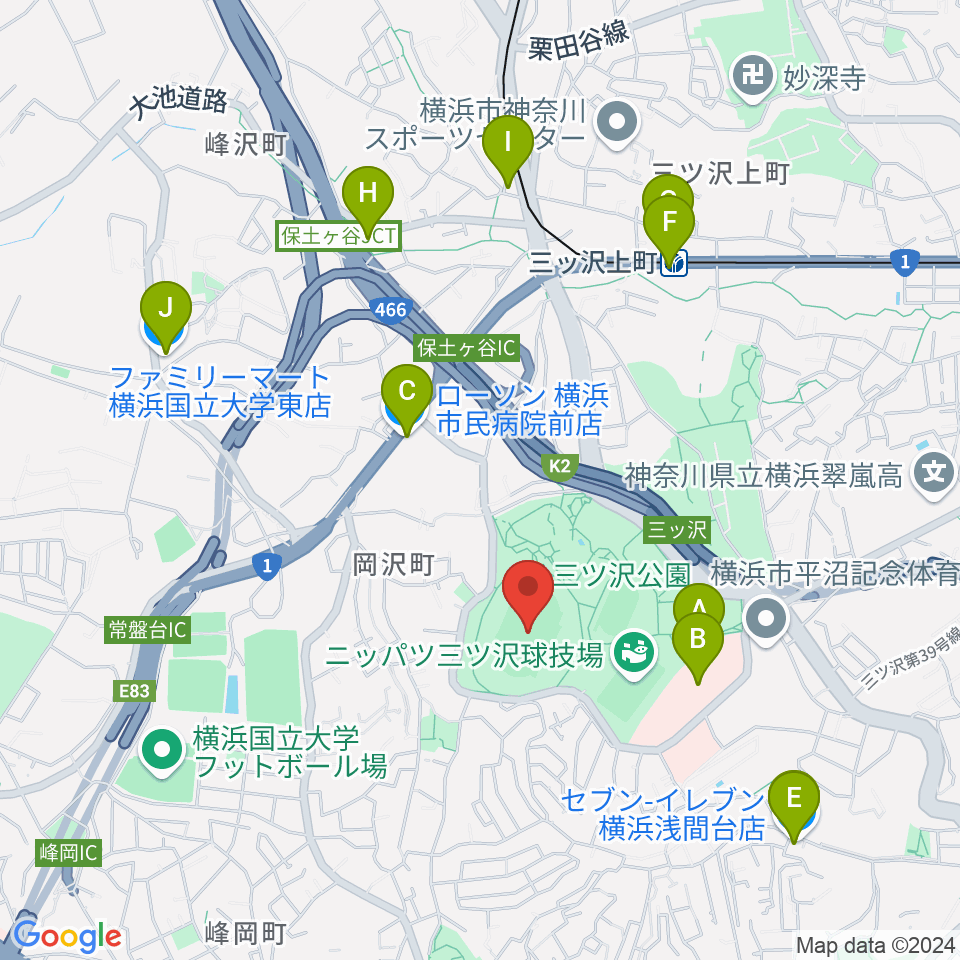 三ツ沢公園陸上競技場周辺のコンビニエンスストア一覧地図