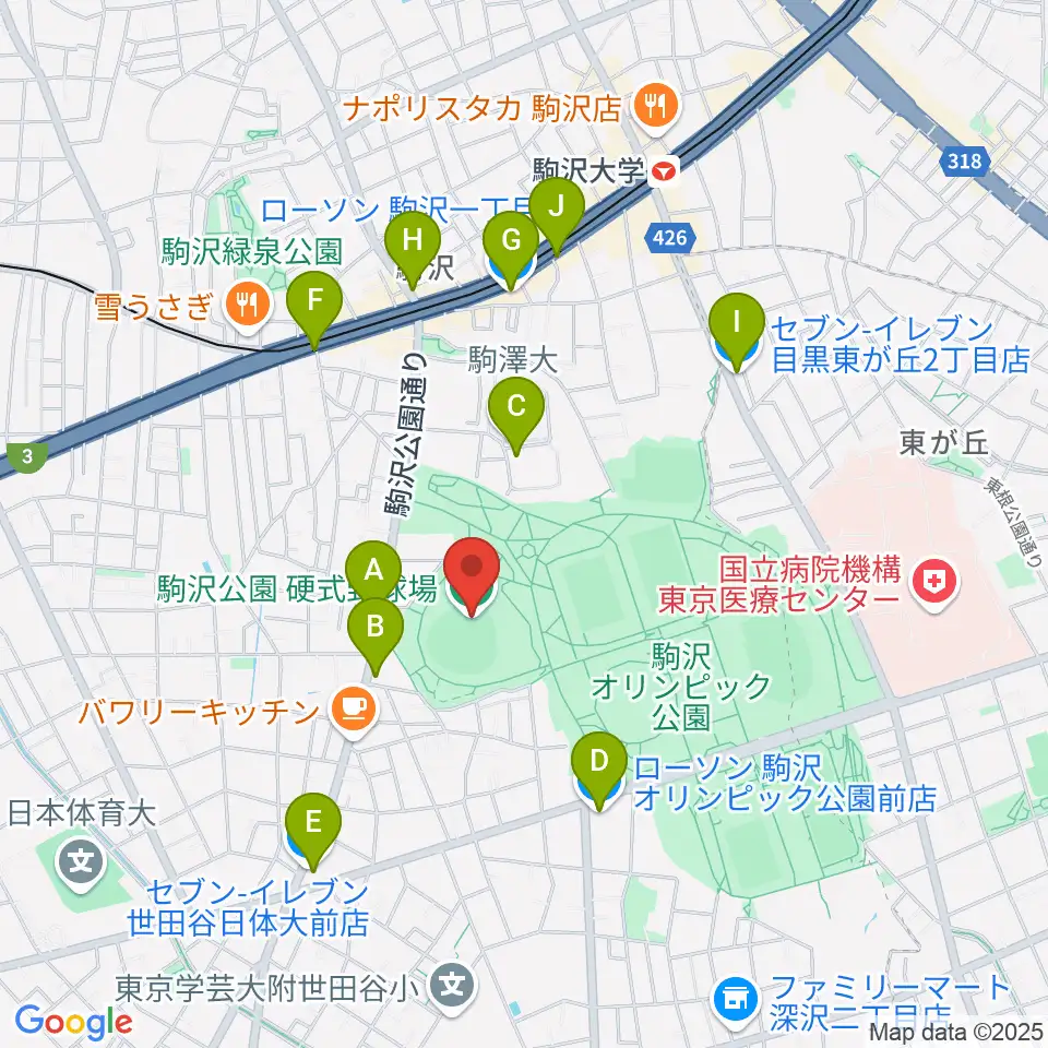 駒沢オリンピック公園硬式野球場周辺のコンビニエンスストア一覧地図