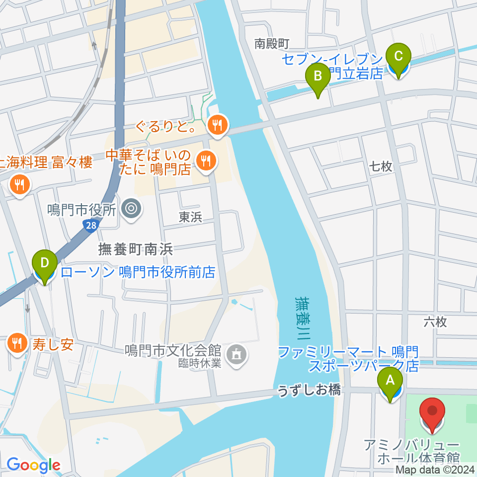 アミノバリューホール周辺のコンビニエンスストア一覧地図