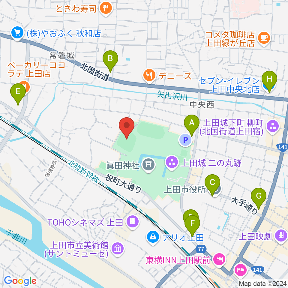 上田城跡公園野球場周辺のコンビニエンスストア一覧地図