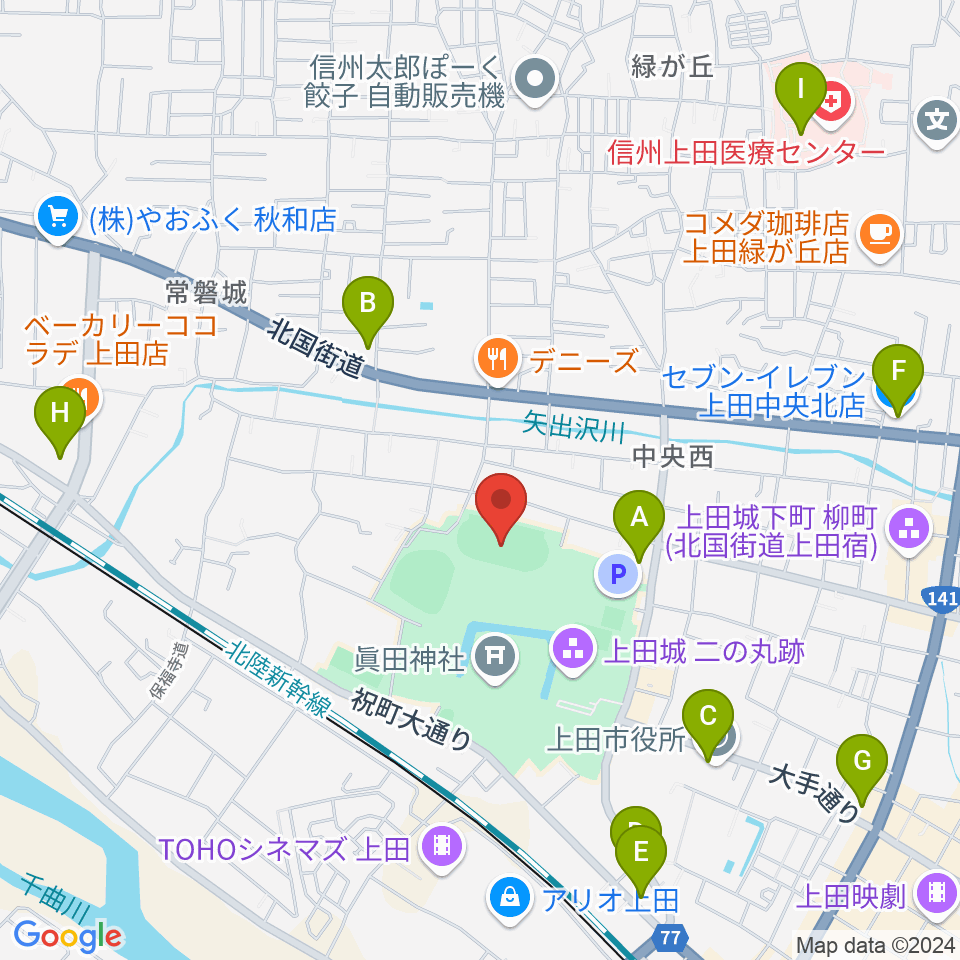 上田城跡公園陸上競技場周辺のコンビニエンスストア一覧地図