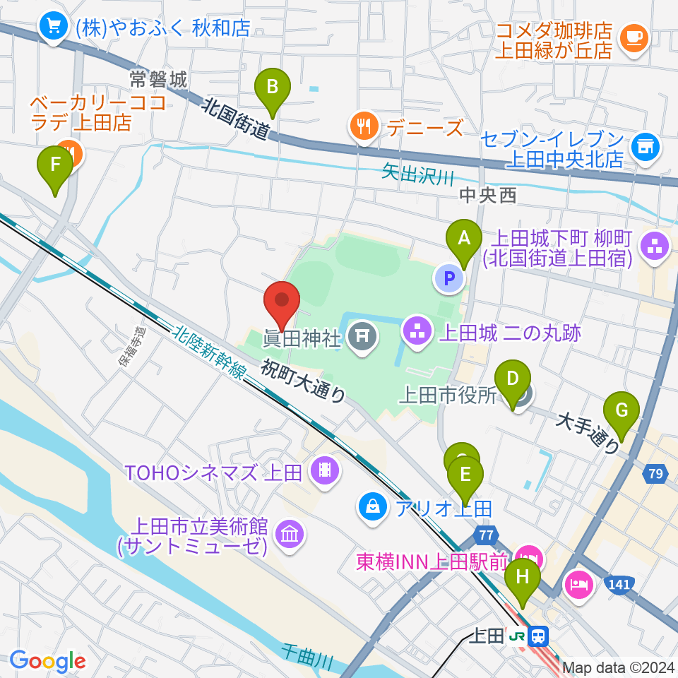 上田城跡公園第二体育館周辺のコンビニエンスストア一覧地図