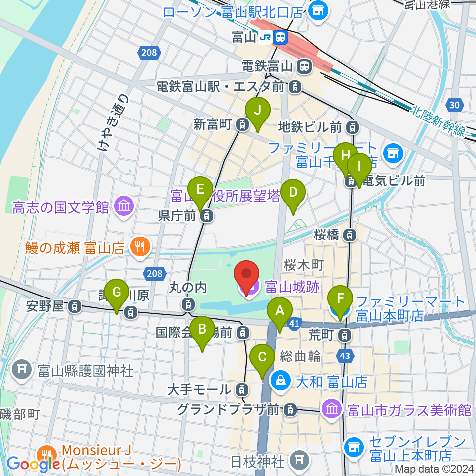 富山市立郷土博物館周辺のコンビニエンスストア一覧地図