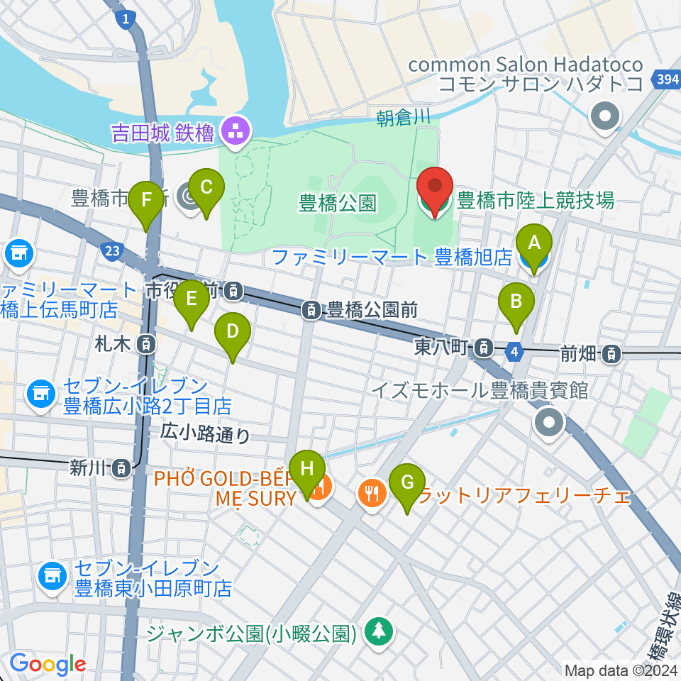 豊橋市陸上競技場周辺のコンビニエンスストア一覧地図