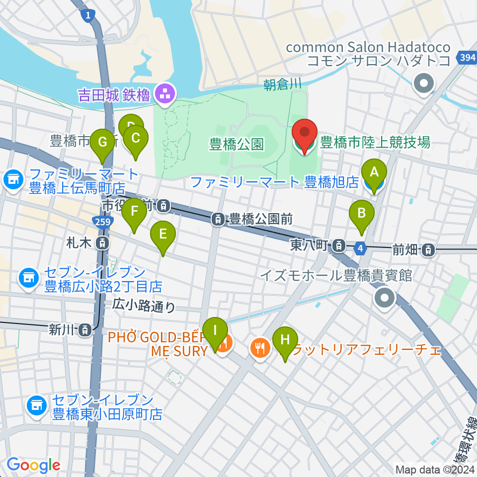 豊橋市陸上競技場周辺のコンビニエンスストア一覧地図