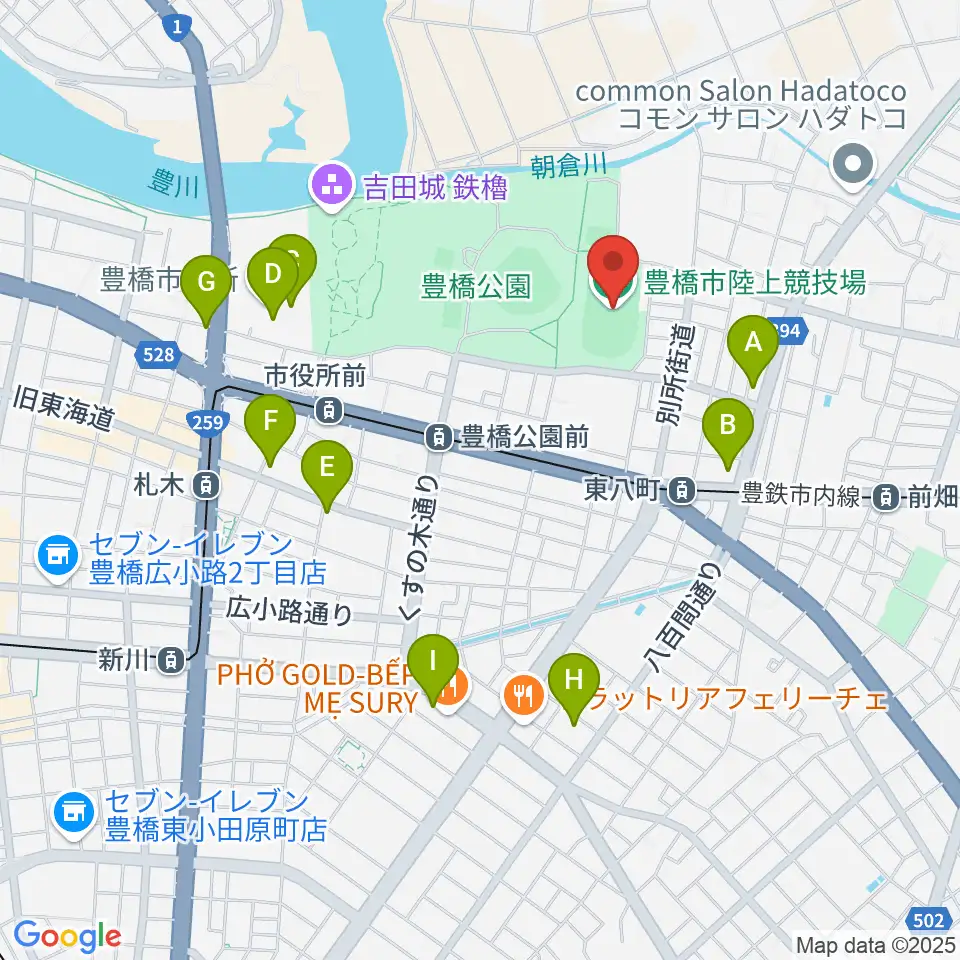 豊橋市陸上競技場周辺のコンビニエンスストア一覧地図