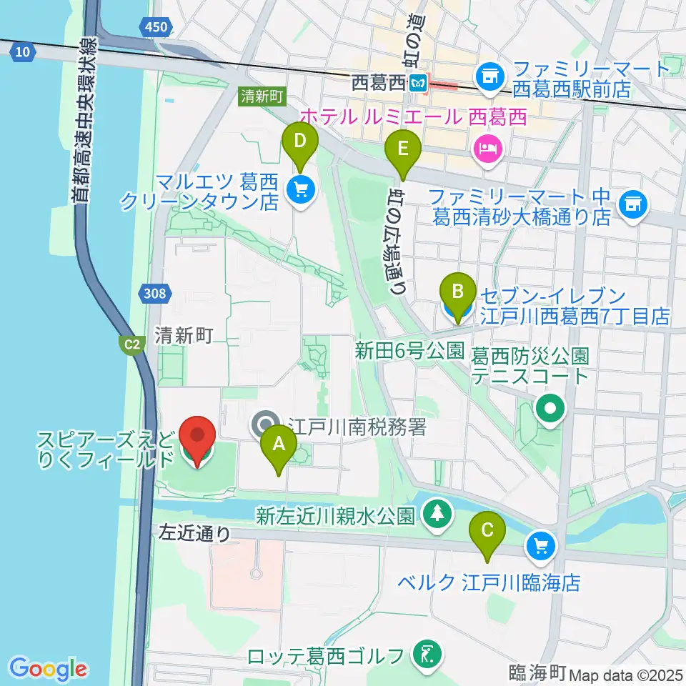 スピアーズえどりくフィールド周辺のコンビニエンスストア一覧地図