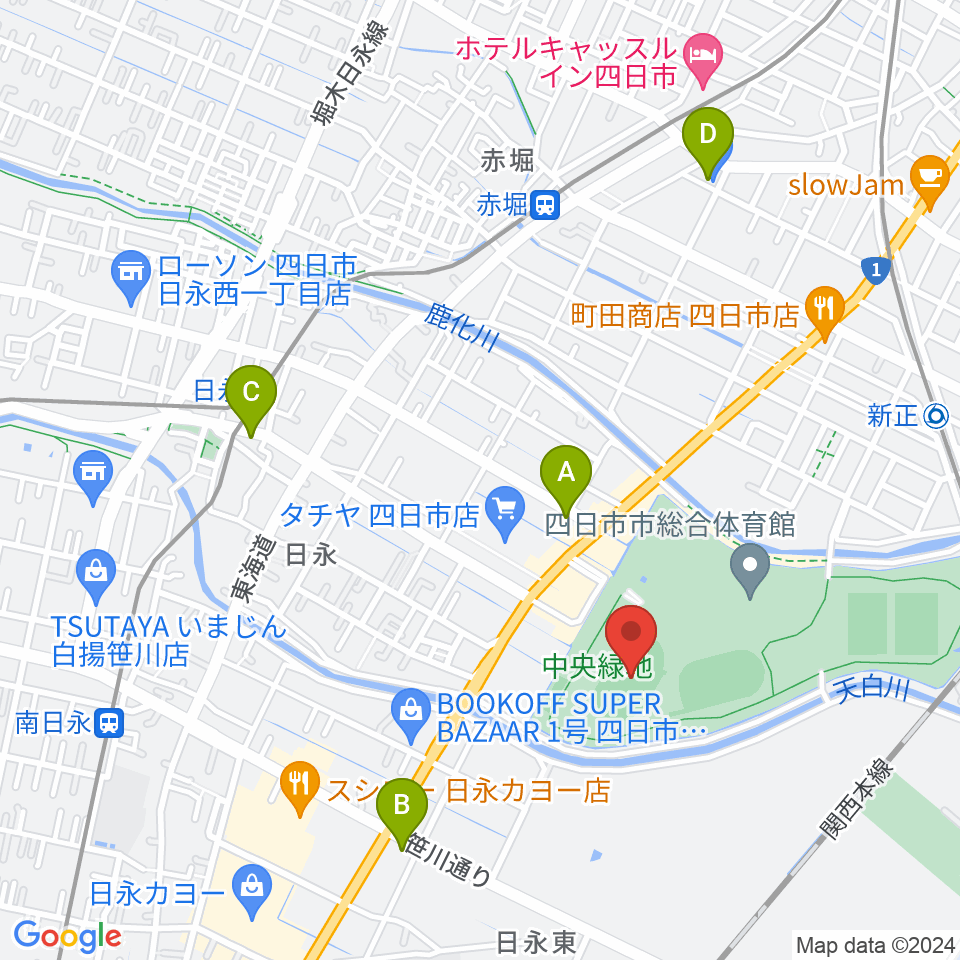 四日市市中央陸上競技場周辺のコンビニエンスストア一覧地図