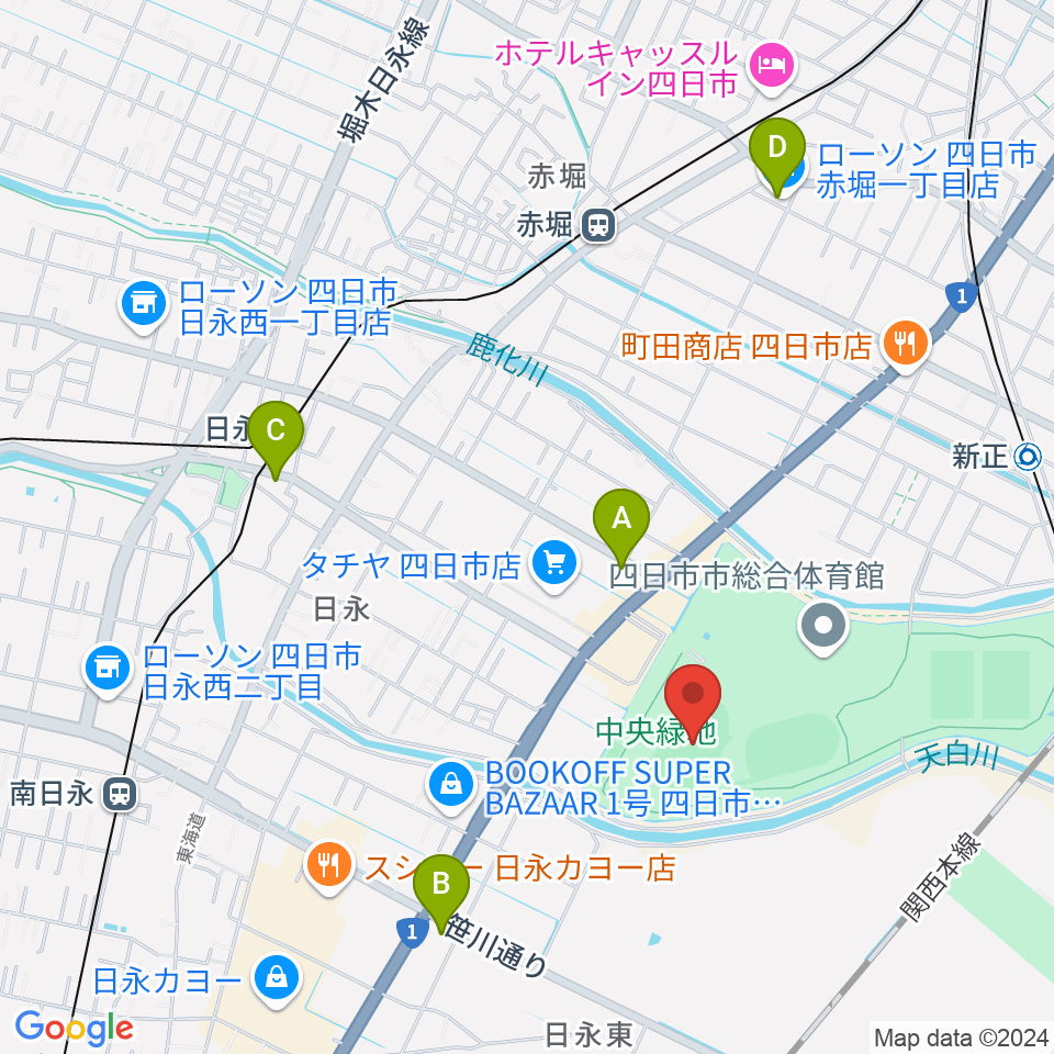 四日市市中央陸上競技場周辺のコンビニエンスストア一覧地図