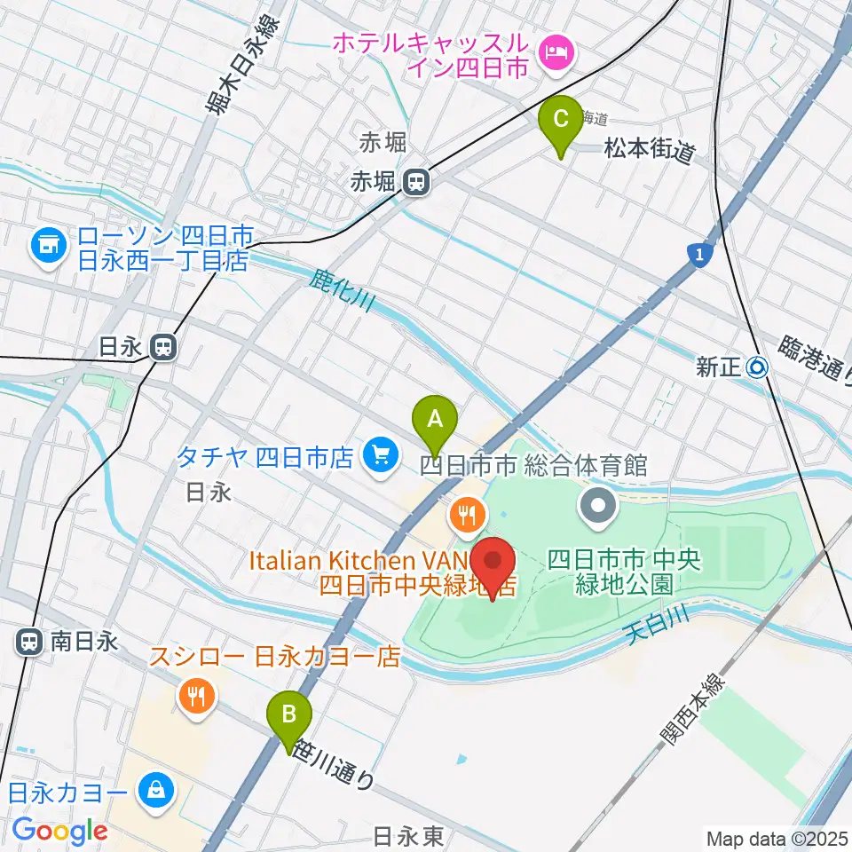 四日市市中央陸上競技場周辺のコンビニエンスストア一覧地図