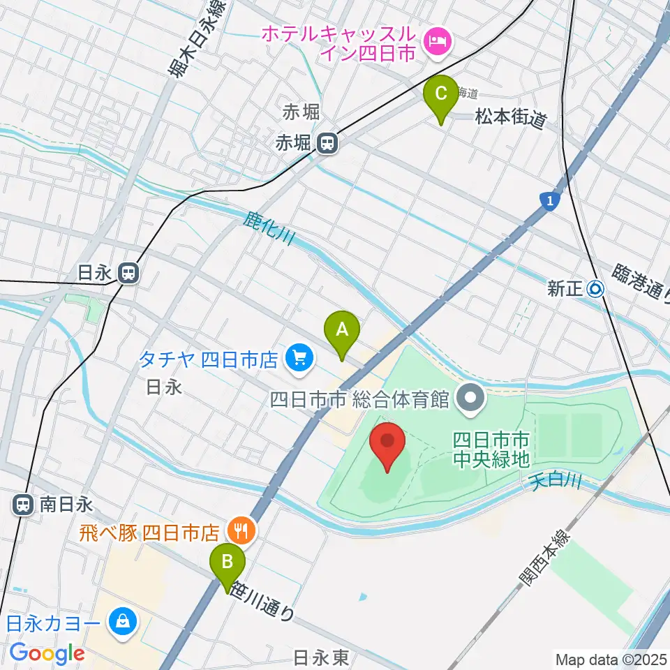 四日市市中央陸上競技場周辺のコンビニエンスストア一覧地図
