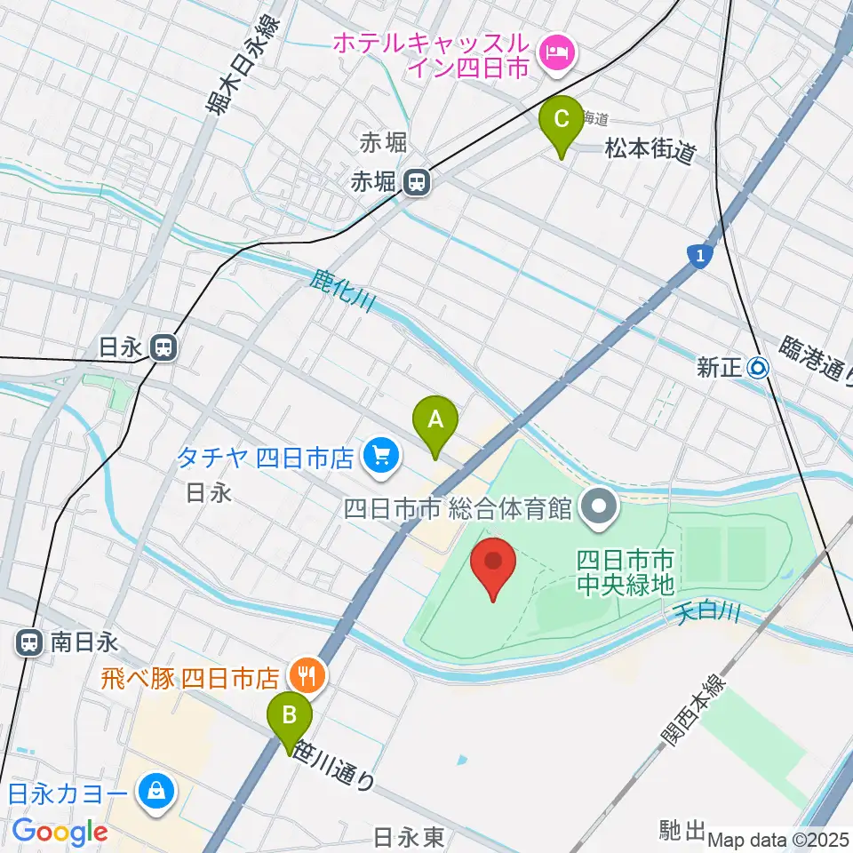 四日市市中央陸上競技場周辺のコンビニエンスストア一覧地図