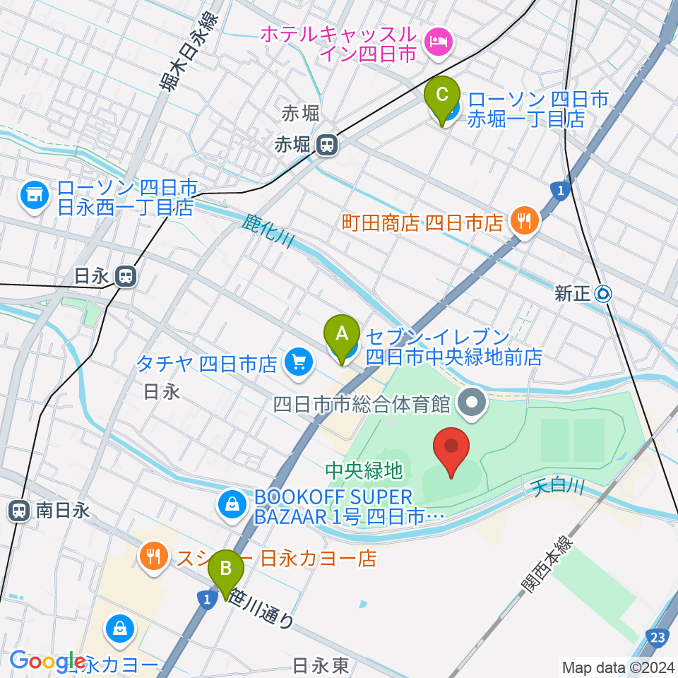 四日市市中央フットボール場Aフィールド周辺のコンビニエンスストア一覧地図