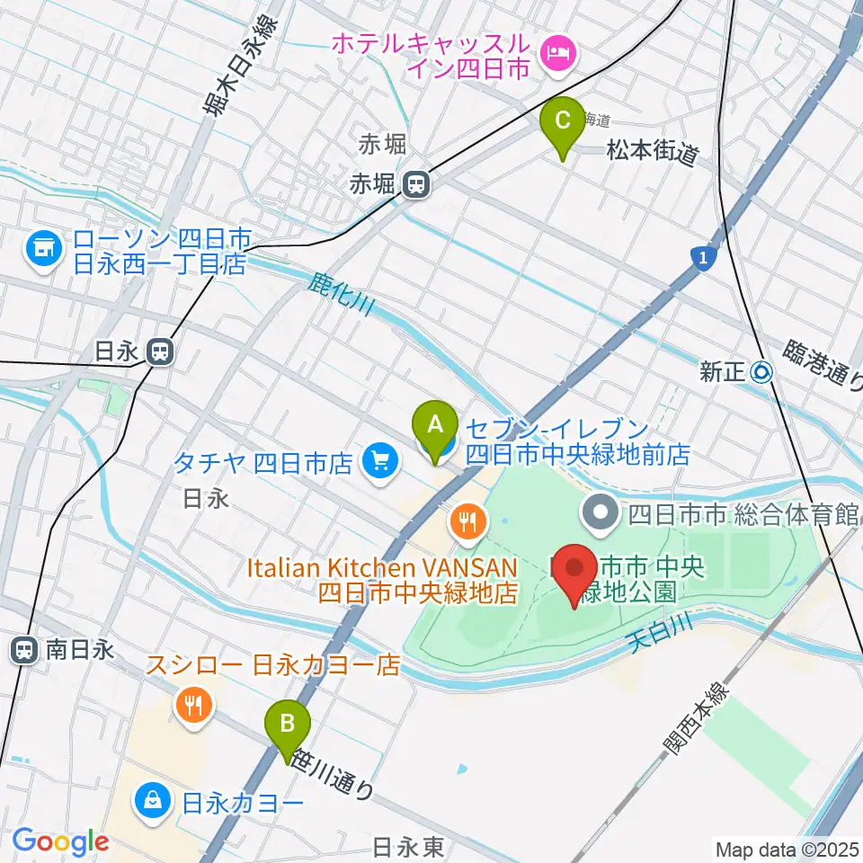四日市市中央フットボール場Aフィールド周辺のコンビニエンスストア一覧地図