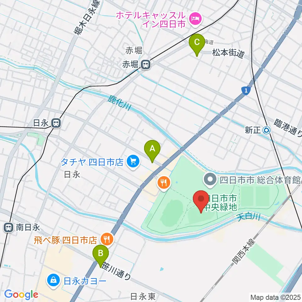 四日市市中央フットボール場Aフィールド周辺のコンビニエンスストア一覧地図