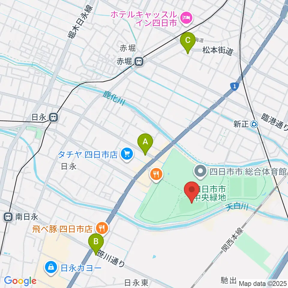 四日市市中央フットボール場Aフィールド周辺のコンビニエンスストア一覧地図