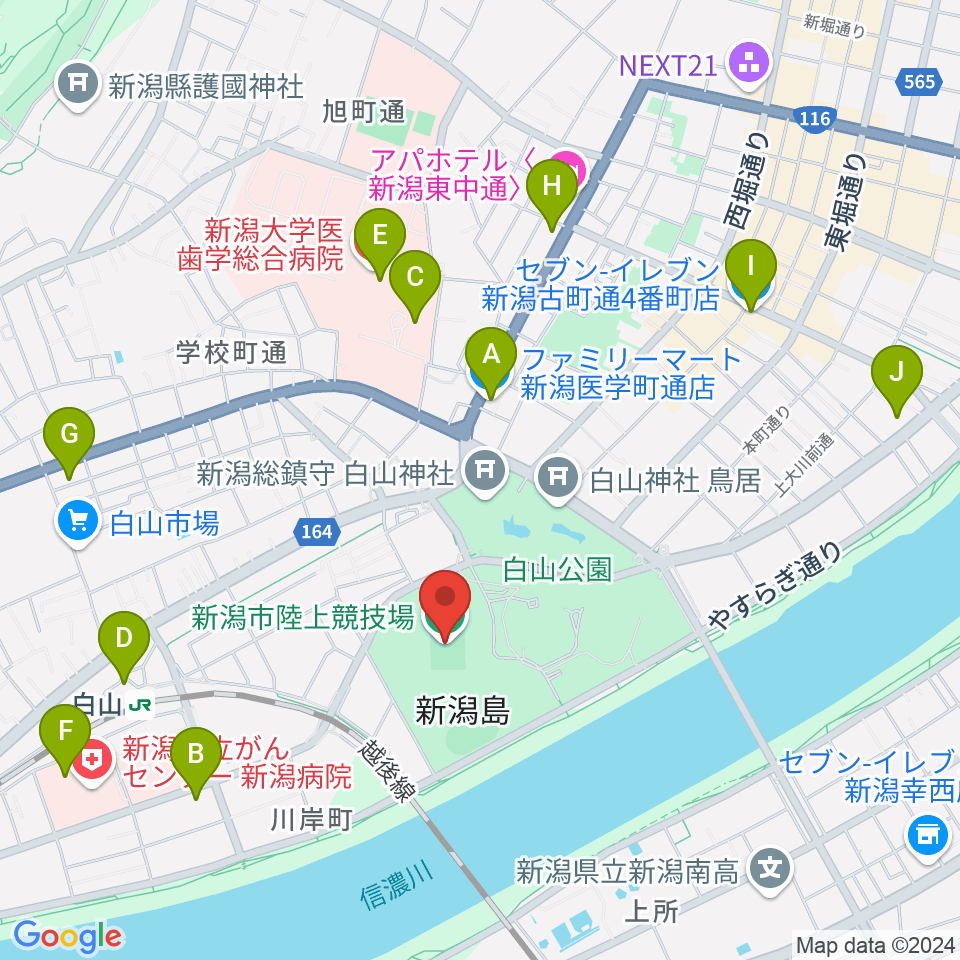 新潟市陸上競技場周辺のコンビニエンスストア一覧地図