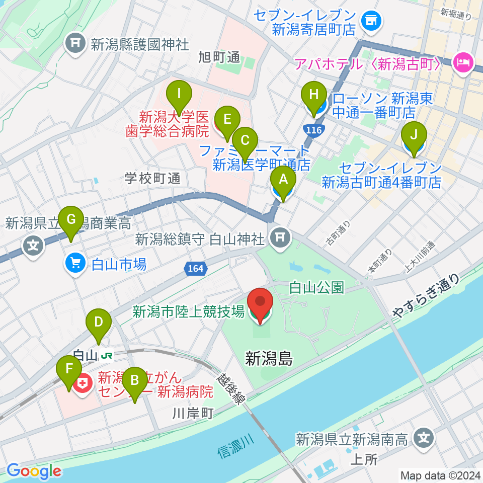 新潟市陸上競技場周辺のコンビニエンスストア一覧地図