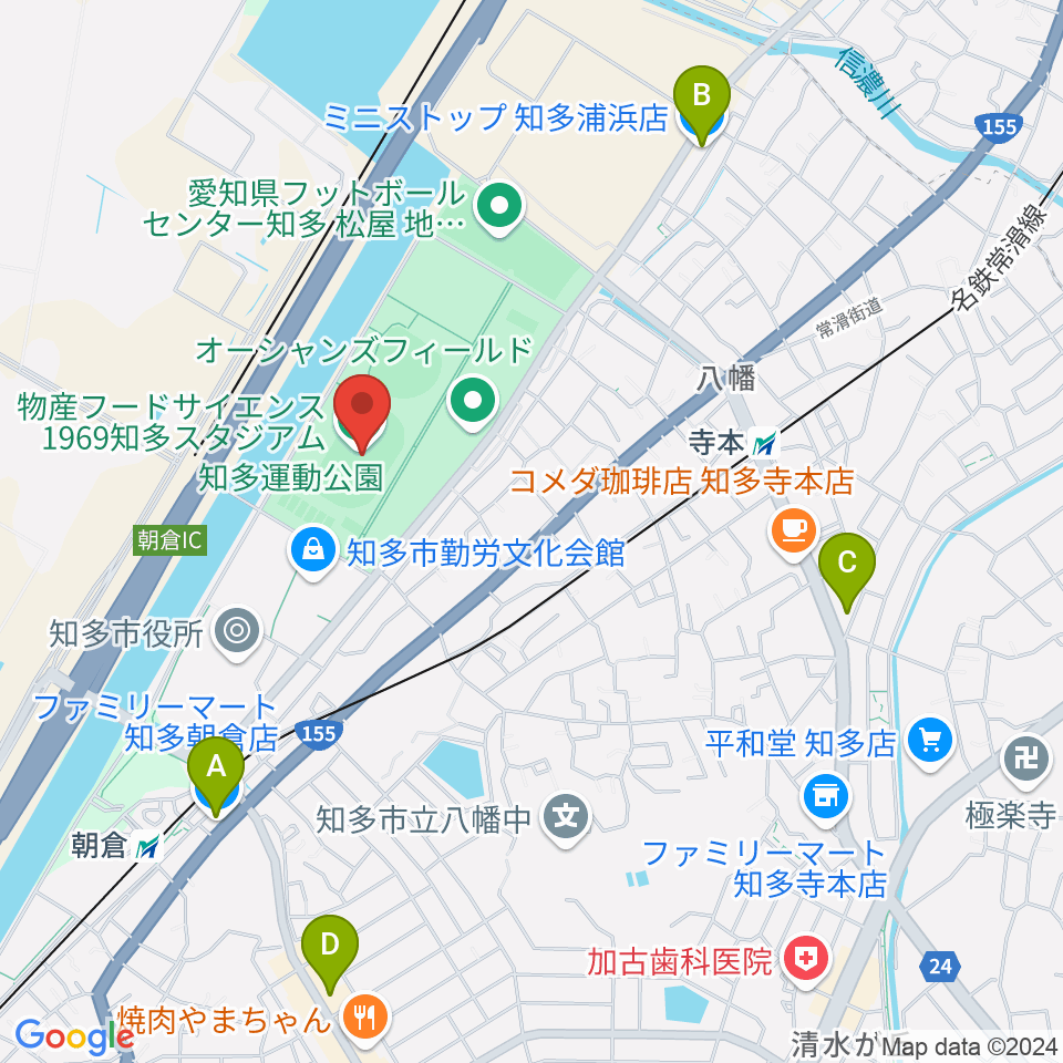 物産フードサイエンス1969知多スタジアム周辺のコンビニエンスストア一覧地図