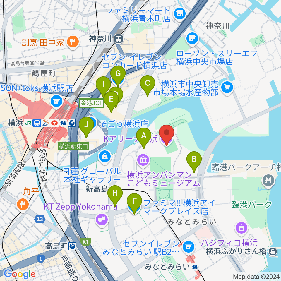 Kアリーナ横浜周辺のコンビニエンスストア一覧地図