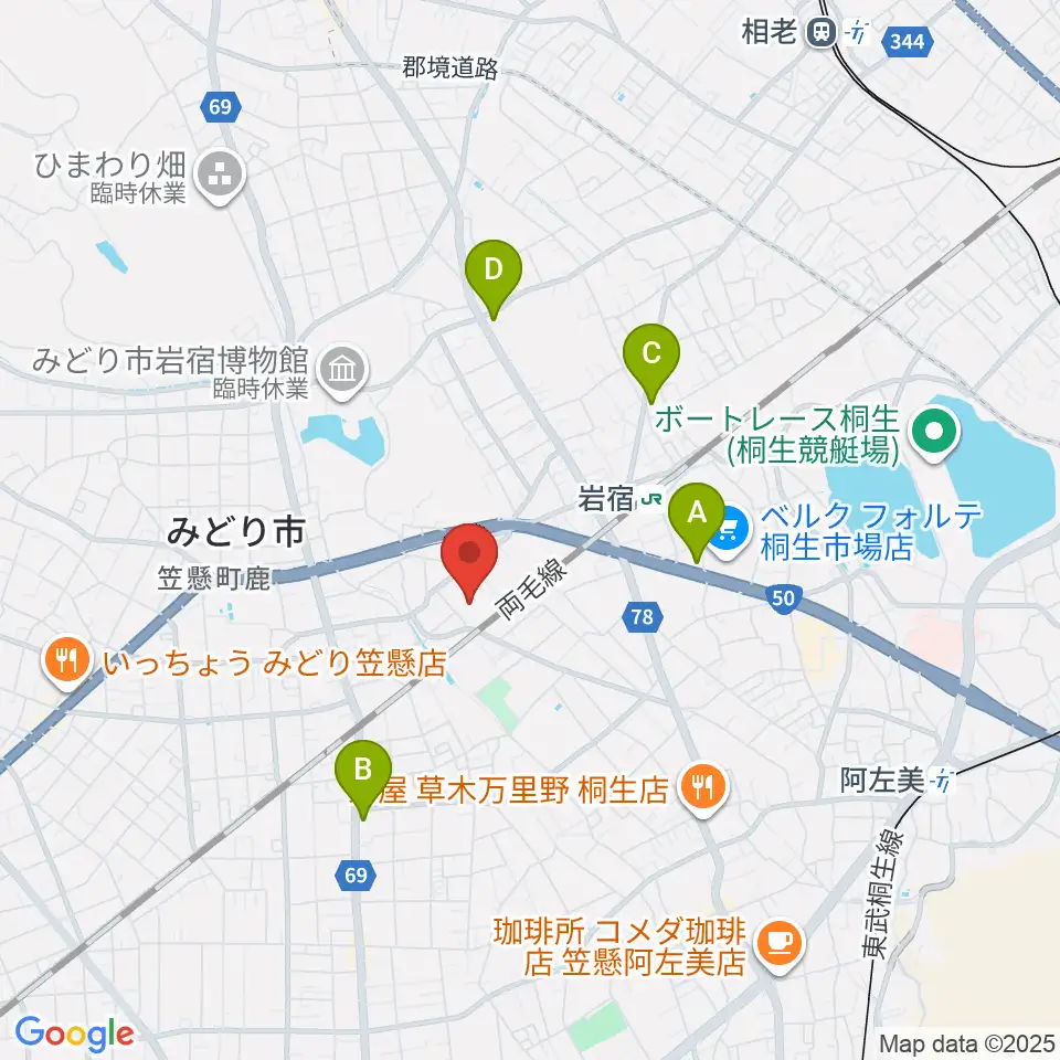 桐生大学グリーンアリーナ周辺のコンビニエンスストア一覧地図