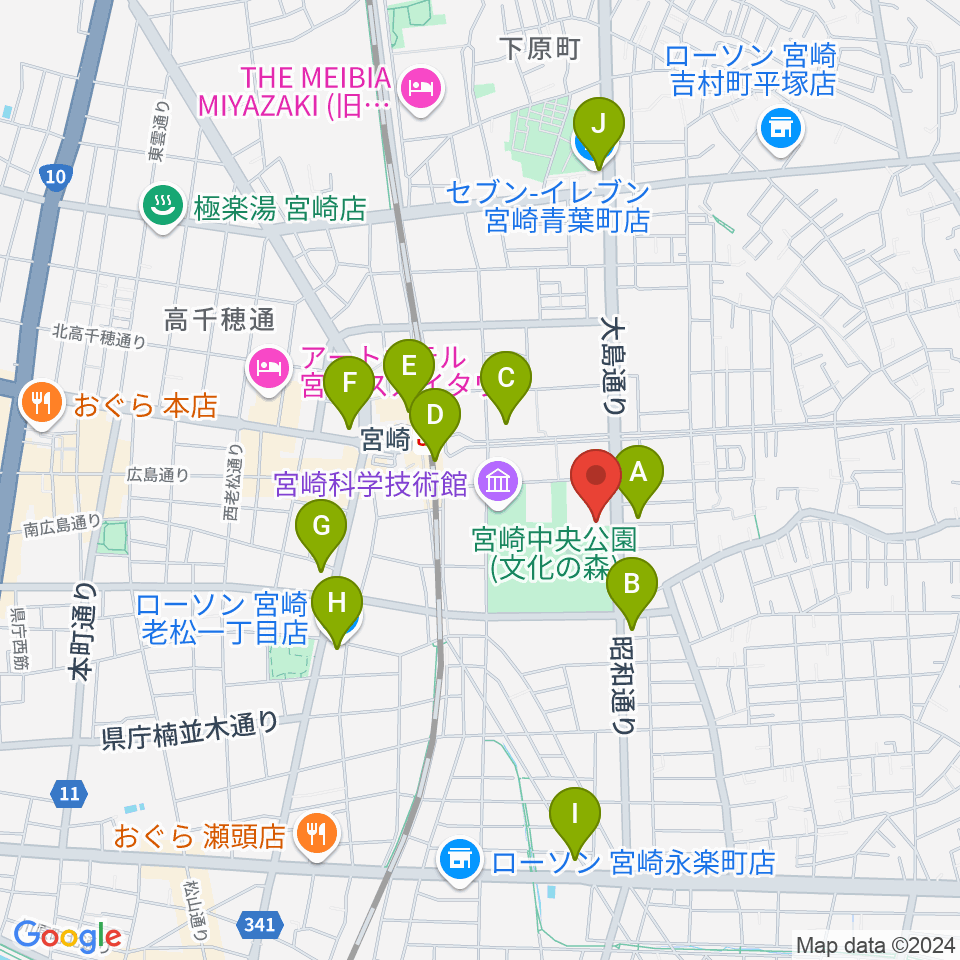 宮崎市立総合体育館周辺のコンビニエンスストア一覧地図