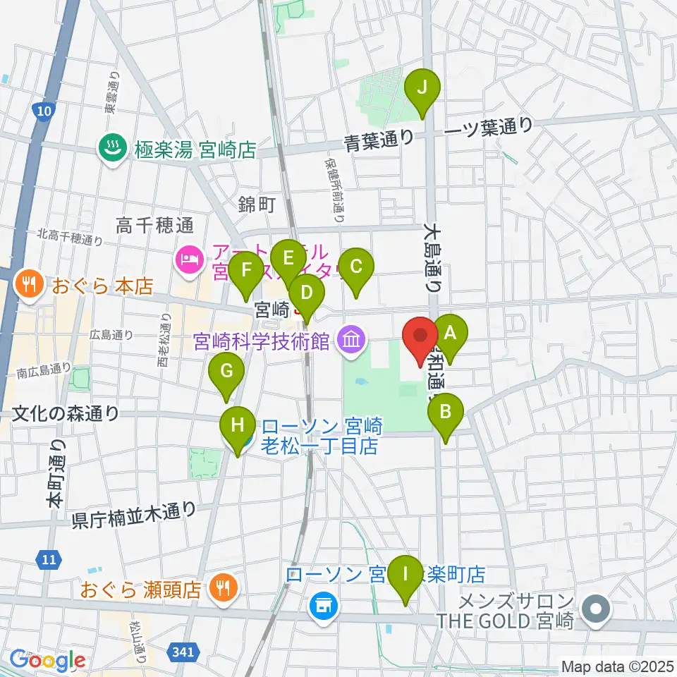宮崎市立総合体育館周辺のコンビニエンスストア一覧地図