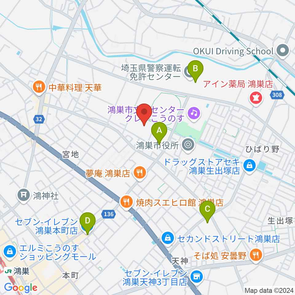 鴻巣市総合体育館周辺のコンビニエンスストア一覧地図