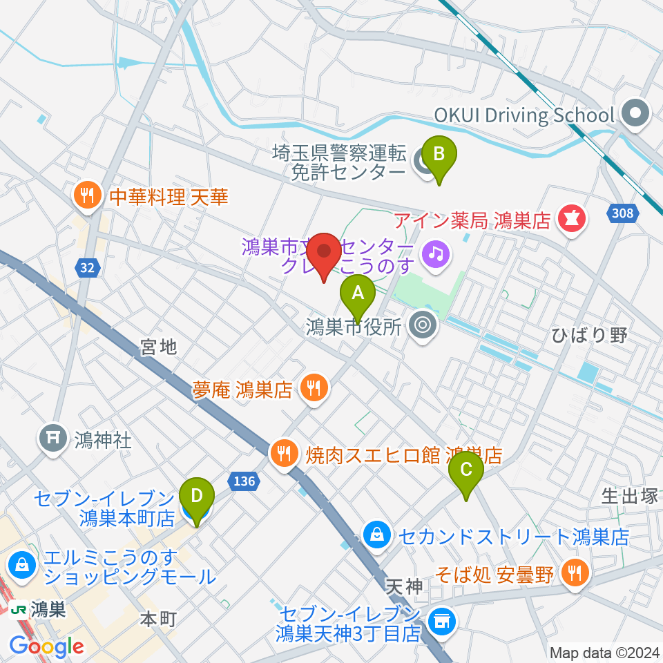 鴻巣市総合体育館周辺のコンビニエンスストア一覧地図