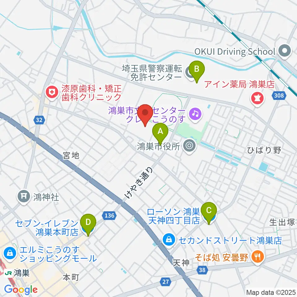 鴻巣市総合体育館周辺のコンビニエンスストア一覧地図
