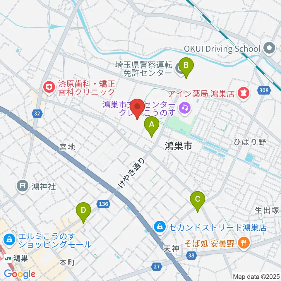 鴻巣市総合体育館周辺のコンビニエンスストア一覧地図